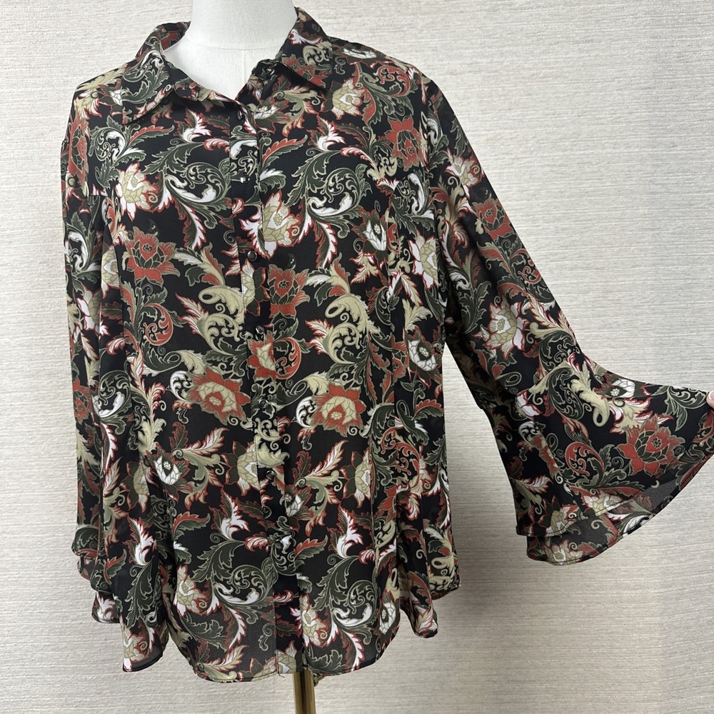 Sami & Jo XL Paisley Floral Blouse Bell Sleeve Sheer Boho Button‎ Front Top